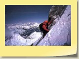 Nazir Sabir Leading a verticle ice pitch at 8320m above chimne the West Face